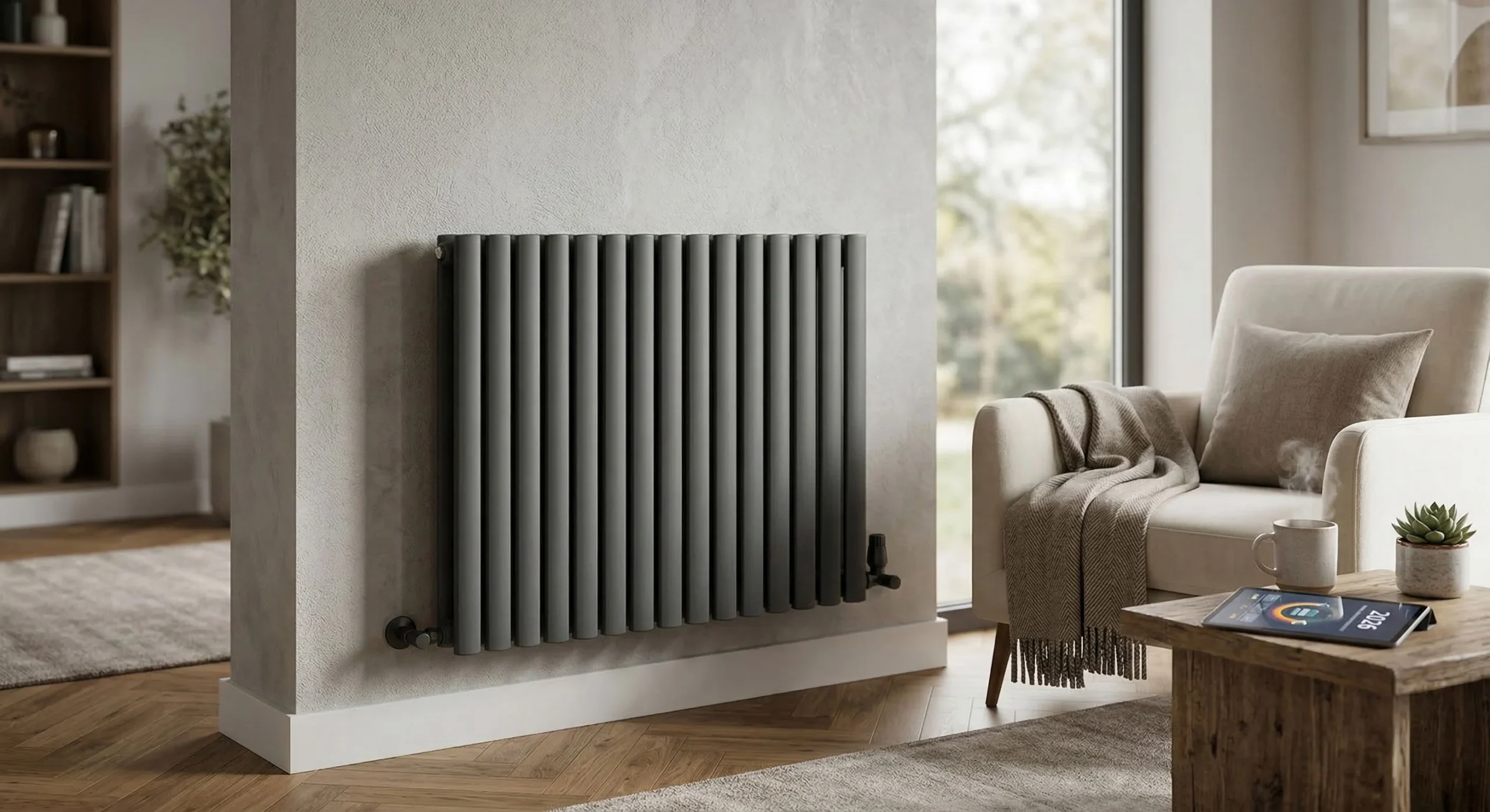 Aerotermia con radiadores convencionales: ¿funciona o necesitas cambiarlos? Radiador convencional de calefacción instalado en el salón de una vivienda con aerotermia