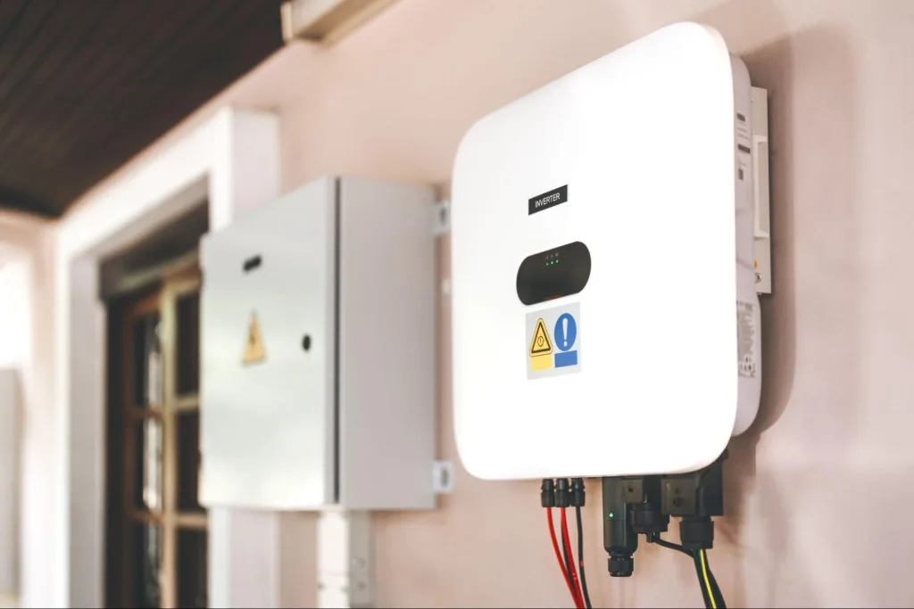 Inversor solar instalado en pared junto al cuadro eléctrico de una vivienda